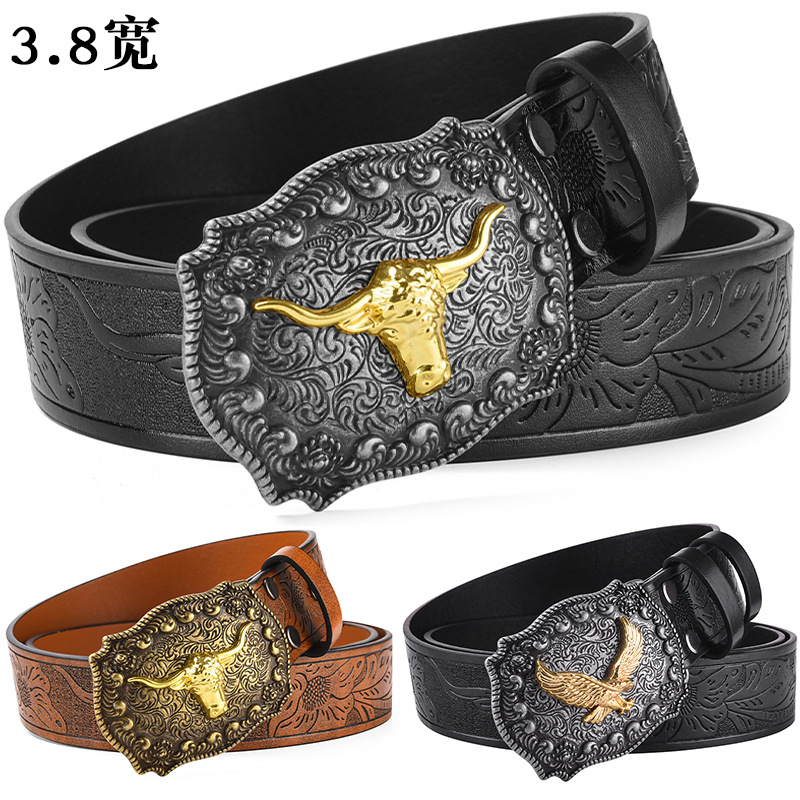 Cross-Border Western Cowboy Belt, New Style Bull Head Large Buckle, Trendy Youth Belt, American Style Street Fashion Belt for Pants