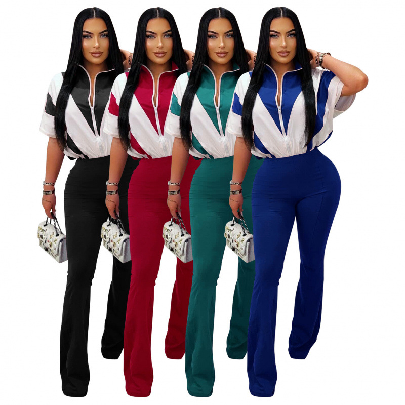 Al318 Amazon Cross-Border European and American Clothing Jumpsuit Sports Jumpsuit Short-Sleeved Stitching Contrasting Color Slightly Flared Summer