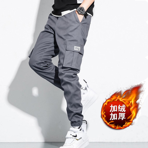 Men's Korean Style Trendy Autumn/Winter Matchable Streetwear Bootcut Sports Pants Loose Fleece Work Casual Long Pants