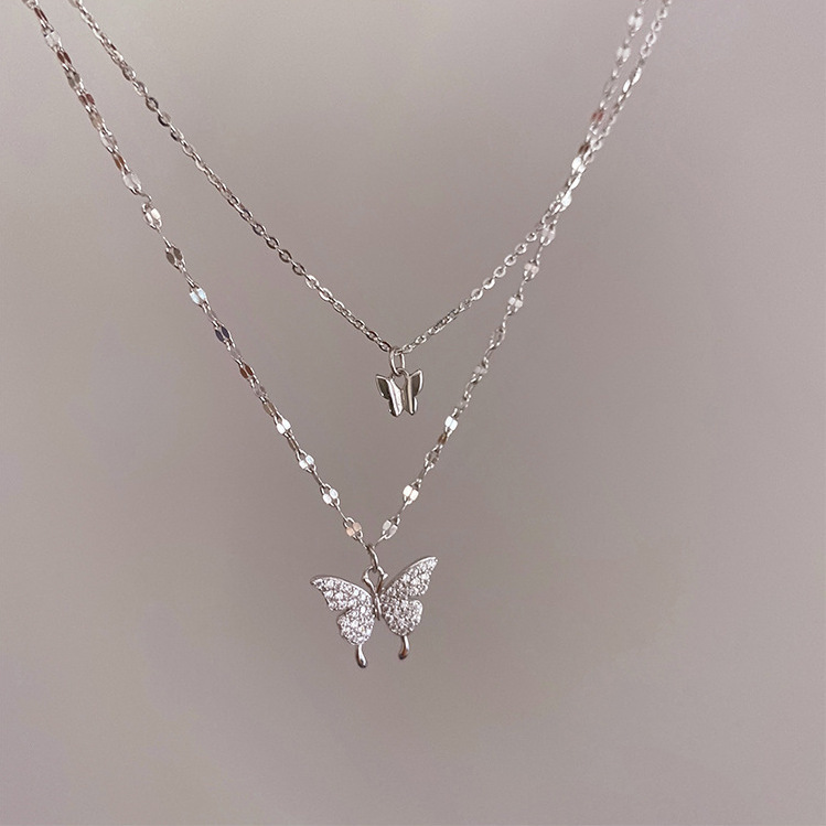 Korean-Style Sparkling Diamond Butterfly Double-Layer Necklace for Women, Simple Design with a Niche and Trendy Internet Celebrity Ins Minimalist Style Clavicle Chain Korean-Style Sparkling Diamond Butterfly Double-Layer Necklace for Women, Simple Design with a Niche and Trendy Internet Celebrity Ins Minimalist Style Clavicle Chain