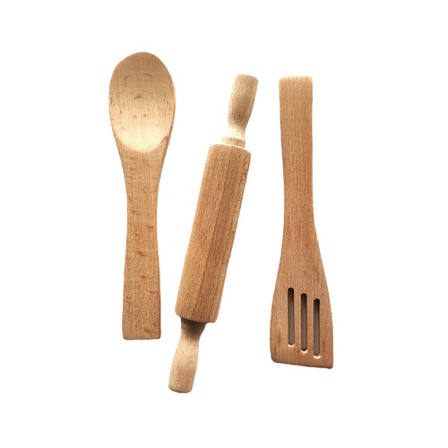 Toy wooden kitchen set for children with playhouse furniture, early education toddler wooden kitchen toys, including wooden spoons, wooden forks, and rolling pins