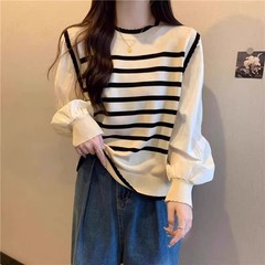 法式拼接条纹假两件针织衫女早春减龄漂亮洋气毛衣甜美泡泡袖上衣