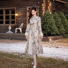 年轻款新中式奥黛旗袍冬季长袖加绒加厚高端气质日常可穿显瘦优雅