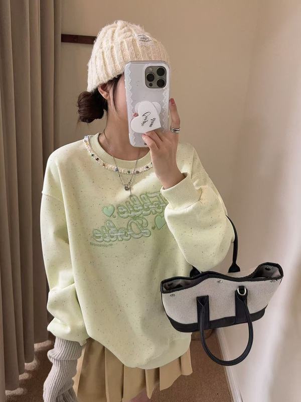 韩国东大门小香风贴布刺绣手工钉珠卫衣女秋季新款宽松百搭上衣|undefined