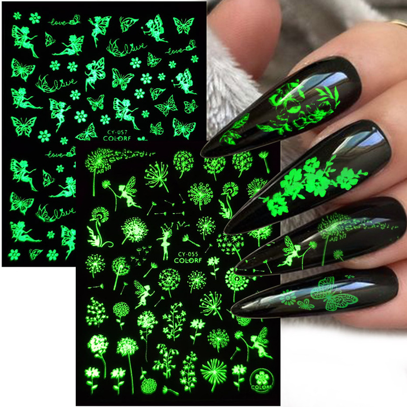 Cross-border New Nail Art Stickers ins Spring Dandelion Butterfly Flowers Luminous Adhesive Back Adhesive Nail Stickers