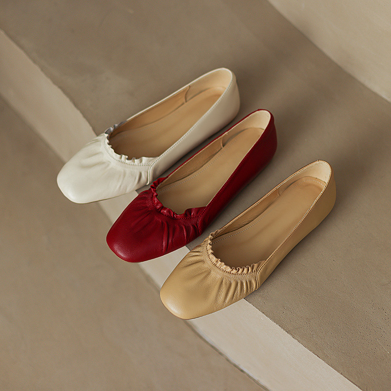 Giày ballet nữ đế bằng da bò mềm mũi tròn phong cách văn nghệ — Màu đỏ rượu chi tiết 14