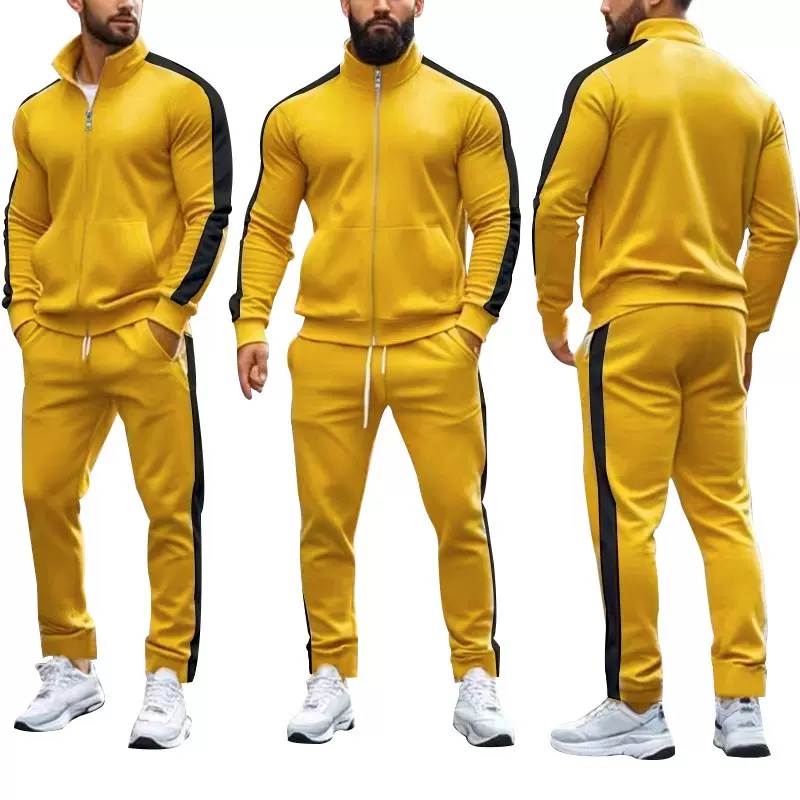 跨境亚马逊男士长袖秋冬季两件套撞色立领休闲运动外套卫衣男套装