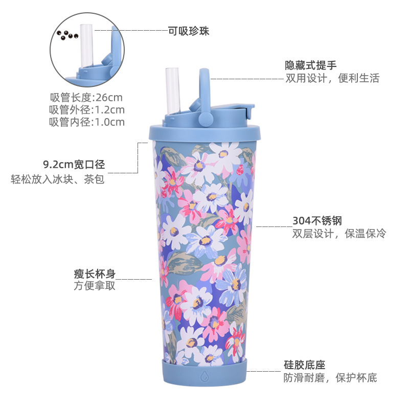 Yeni 830 ml büyük kapasiteli termos bardak, kullanışlı saplı, tek bardak, çift içme bardağı, büyük delikli baskılı pipetli bardak