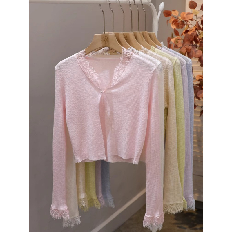 Pink Lace Sun-Protective Cardigan for Women, Fairy-Like Elegant Summer Short Sheer Outerwear, Ice Silk Air-Conditioning Cover-Up