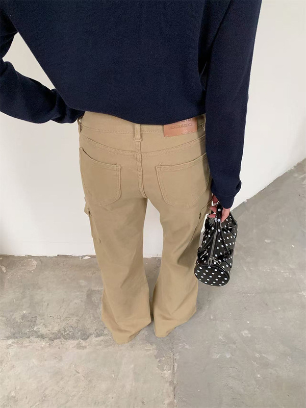 誉一新款2025秋季美式工装微喇牛仔裤小众个性卡其色长裤女c93370|undefined