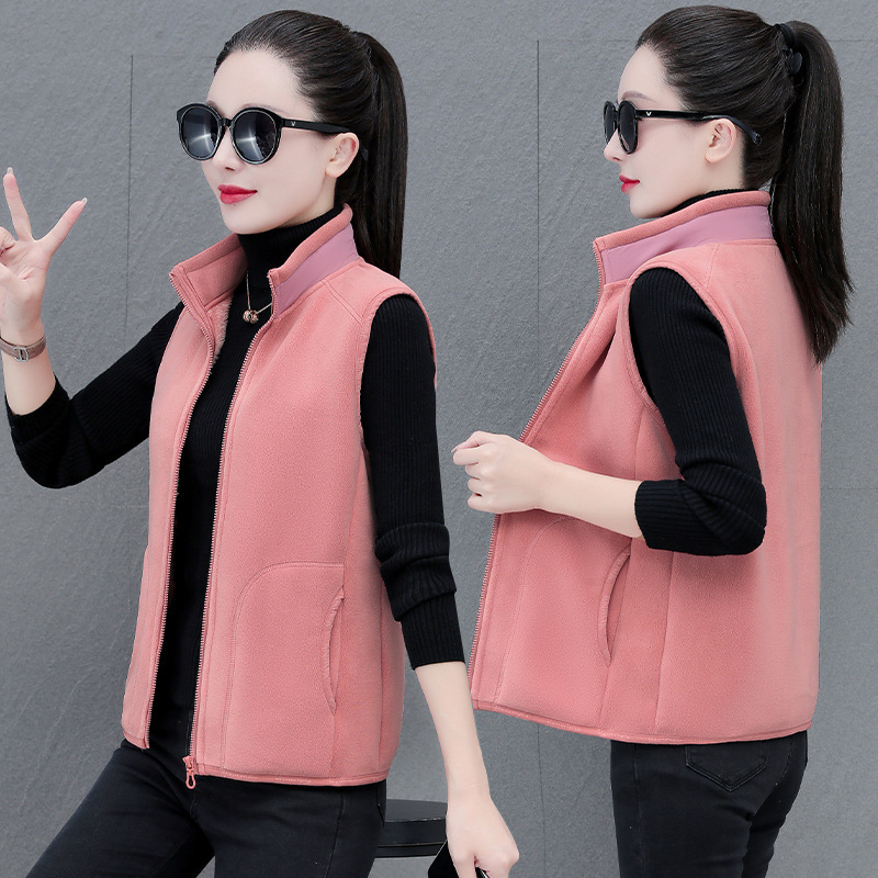 Double-Sided Fleece Jacket with Fleece Lining, Thickened and Warm, Stand-Up Collar Vest for Women, Autumn and Winter, Middle-Aged Mom, Austrian Fleece Sleeveless Coat
