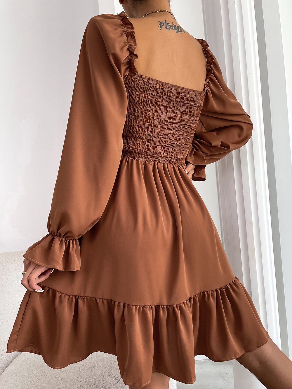 374g Weight Knee-Length Dress Length Type Long Sleeve Sleeve Length A-Line Skirt Dresses Type Flounce Sleeve Sleeve Type Polyester Fabric Type High Waist Waist Line Daily Occasion Square Neck Neckline Regular Fit Fit Type Solid Color Pattern Summer, Spring, Autumn Season Women'S Gender Ruffles Design Fashion Style Wholesale Women'S Fashion Ruffles Solid Color Daily Square Neck Long Sleeve A-Line Skirt 16