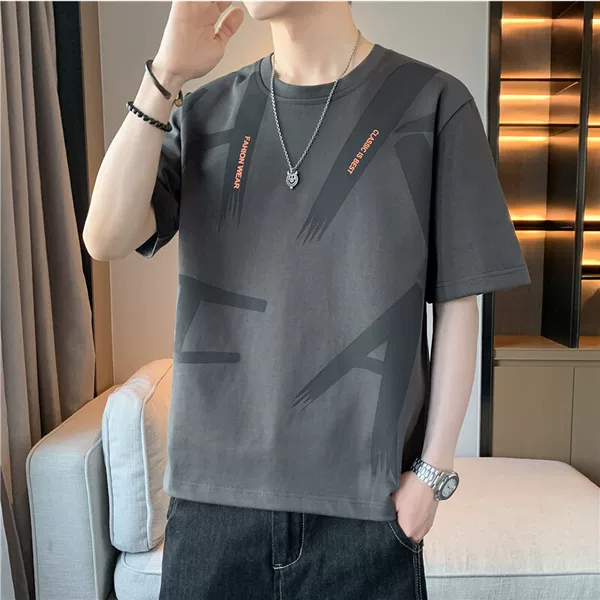 Summer Men's Plus-Size T-Shirt, Trendy Casual Printed Hong Kong Style Round Neck Loose Short-Sleeve Shirt