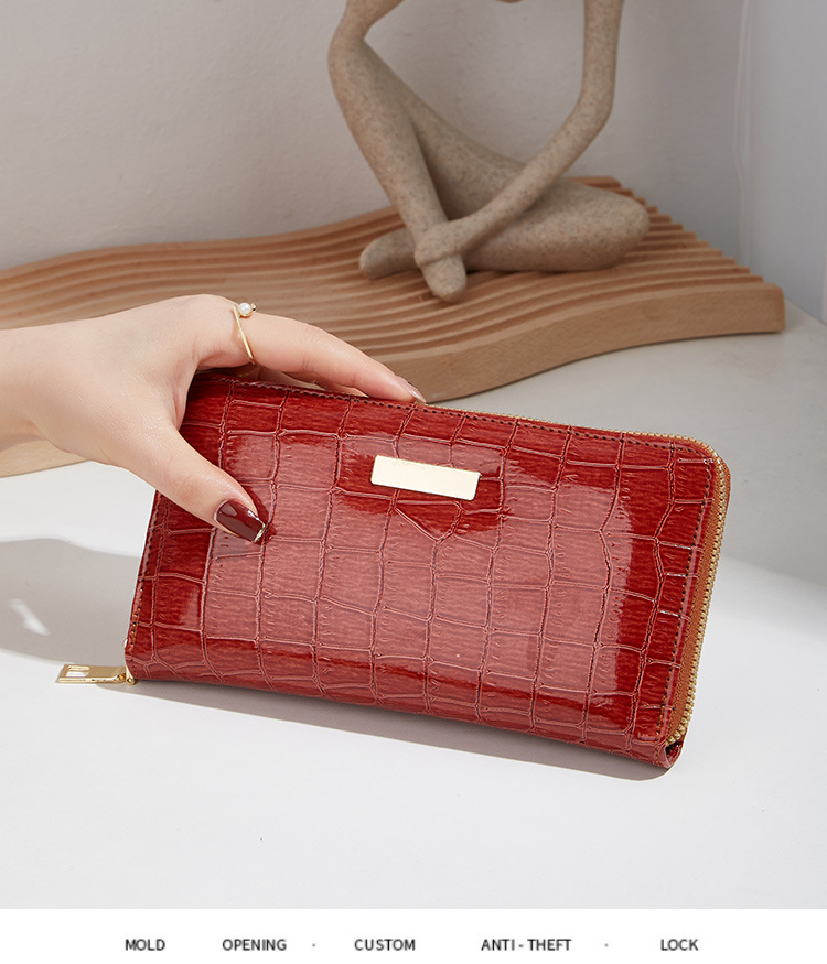 Zipper Closure Type Long Wallet Bags Type White Red Pink Pu Leather Solid Color Crocodile Square Evening Bags
