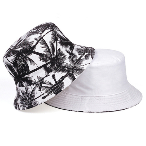 Coconut Tree Dual-Sided Fisherman Hat for Men and Women - Summer Sun Protection, Korean Style, Student Fashion, Casual Trend, Round Face Wide Brim Bucket Hat