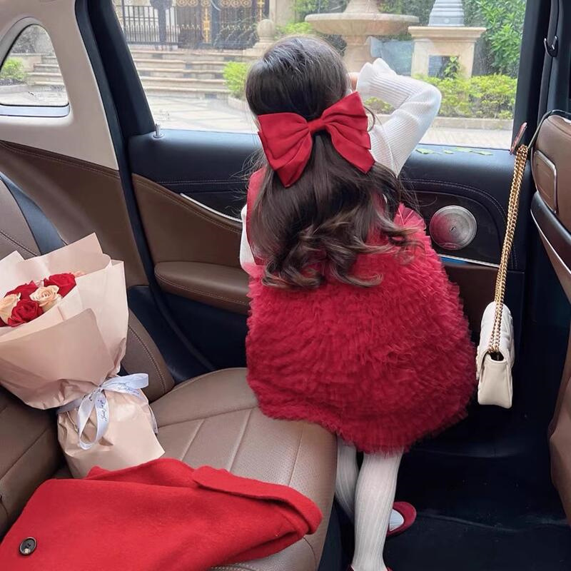 Vestido Rojo de Otoño/Invierno para Niña, Modelo Sweet Little Sister 25, con Forro Polar, Vestido de Malla Hecho a Mano, Vestido de Año Nuevo, Vestido de Cumpleaños, Moderno