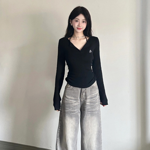 Black Sweet Pepper V-Neck Sunscreen Long-Sleeve T-Shirt for Women Autumn/Winter Innerwear Fitted Small Figure Waist-Trimming Short-Sleeve Base Top