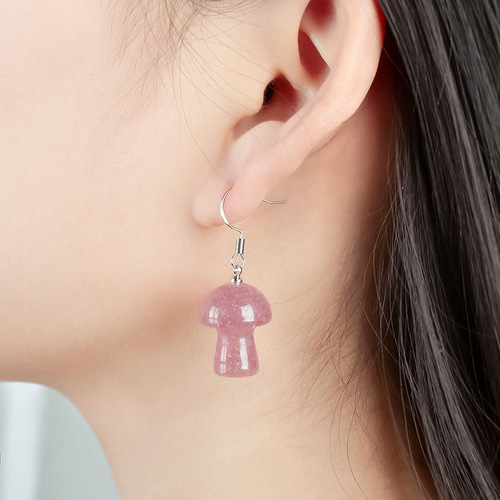 Cross-border best-selling natural crystal mushroom earrings, crystal raw stone polished purple pink crystal personalized earrings and earrings