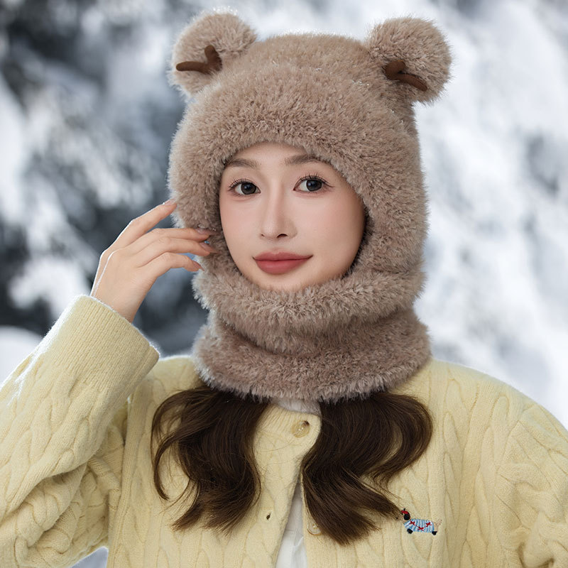 可爱鹿角毛绒连体保暖帽子女士秋冬季防风寒套头护耳毛线帽骑车帽|undefined