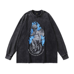 TKPA歐美高街復古天使水洗長袖T恤男女街頭潮牌做舊百搭打底上衣