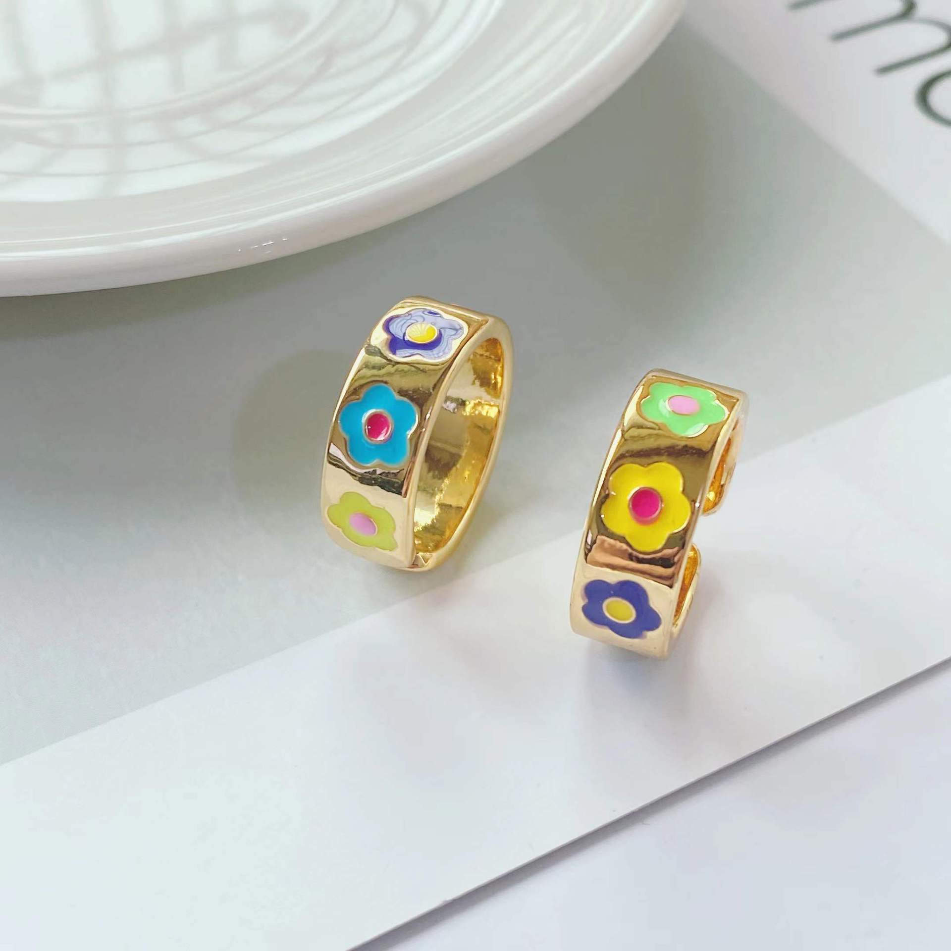 European and American simple flower ring plated 18k gold dripping oil opening adjustable ring