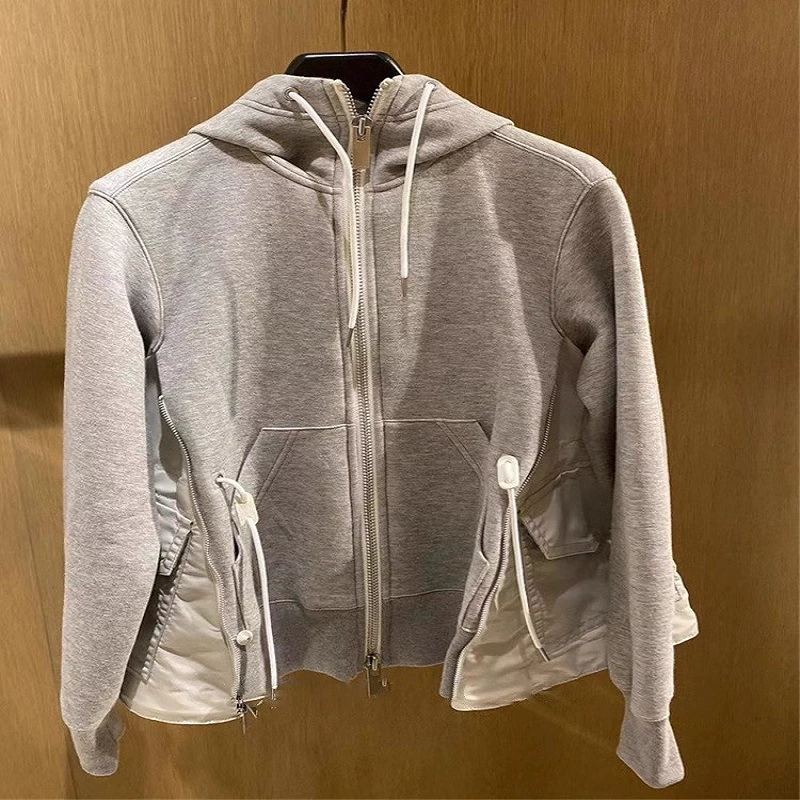FOG SACAI пальто для женщин 2023 Весенний новый теплый свободный свитер на молнии с капюшоном и шнурком