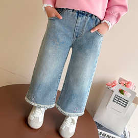 女童牛仔裤春秋款2026新款儿童春季女宝宝直筒裤春装流苏阔腿裤子