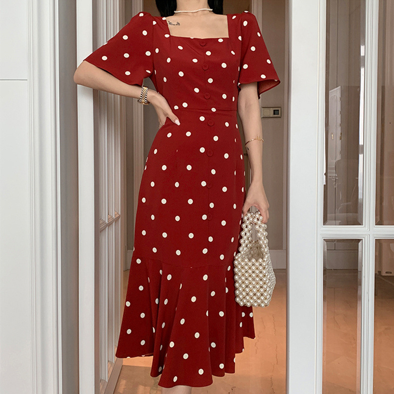 Red retro summer long skirt