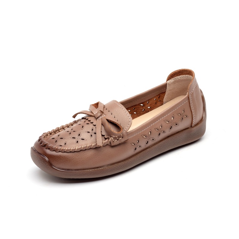 Genuine Leather Mother Shoes Single-Layer Shoes Summer Women's Hollow Non-Slip Shoes Middle-aged and Elderly Loafers Slip-on Breathable Peas Shoes