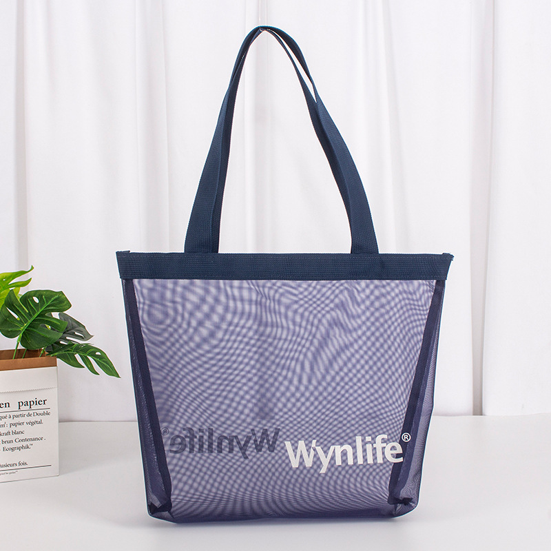 沙滩网纱袋制作大容量网眼沙滩包单肩手提洗漱旅行镂空网纱收纳袋