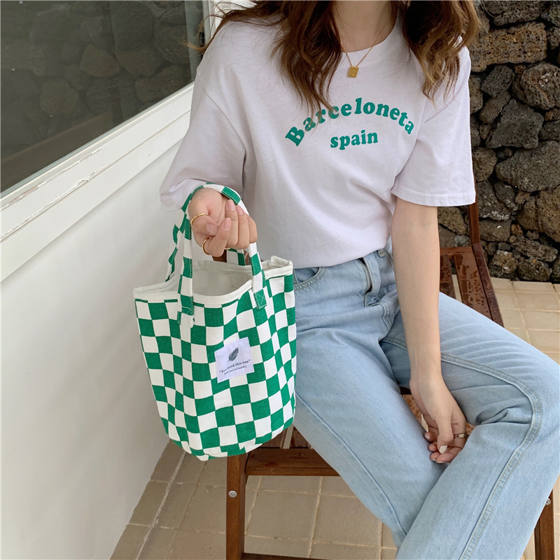 【 In Stock 】18181 checkerboard green checkered canvas bag, school-style commuter single-shoulder bag, retro hand-held tote bag undefined