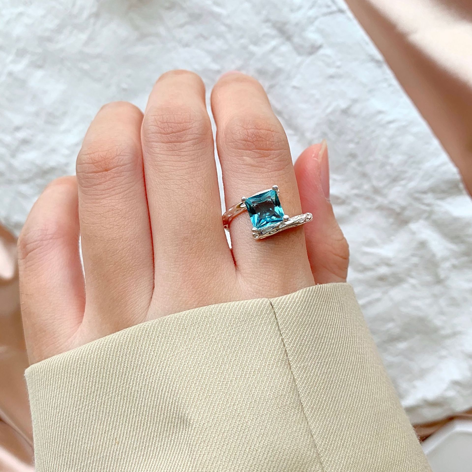Luxurious Square Sterling Silver Plating Zircon Open Ring
