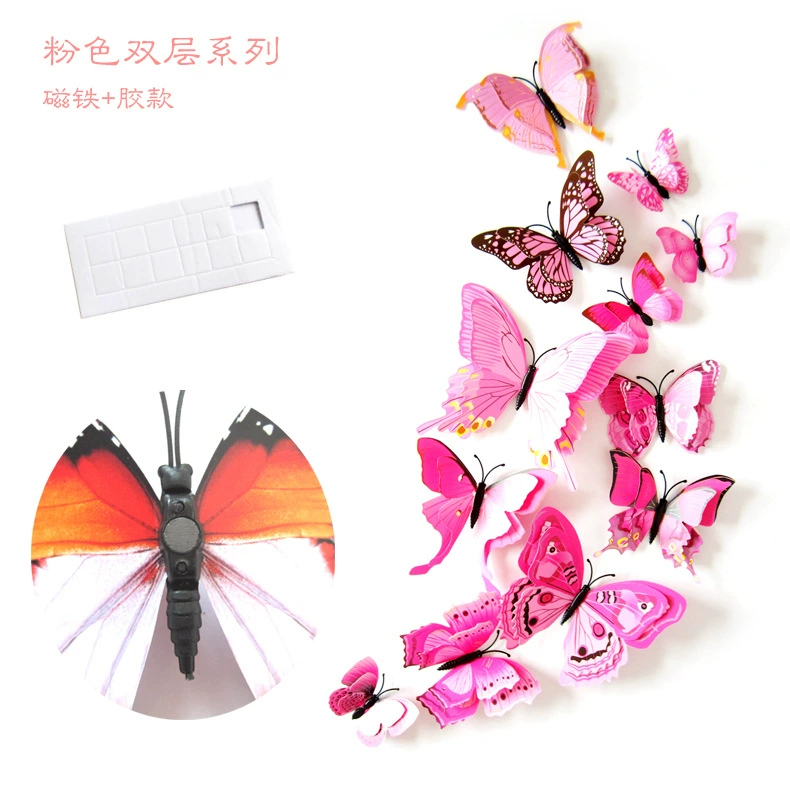 Double-layer creative set with butterfly, decorations, three dimensional fridge magnet on wall, 12 items