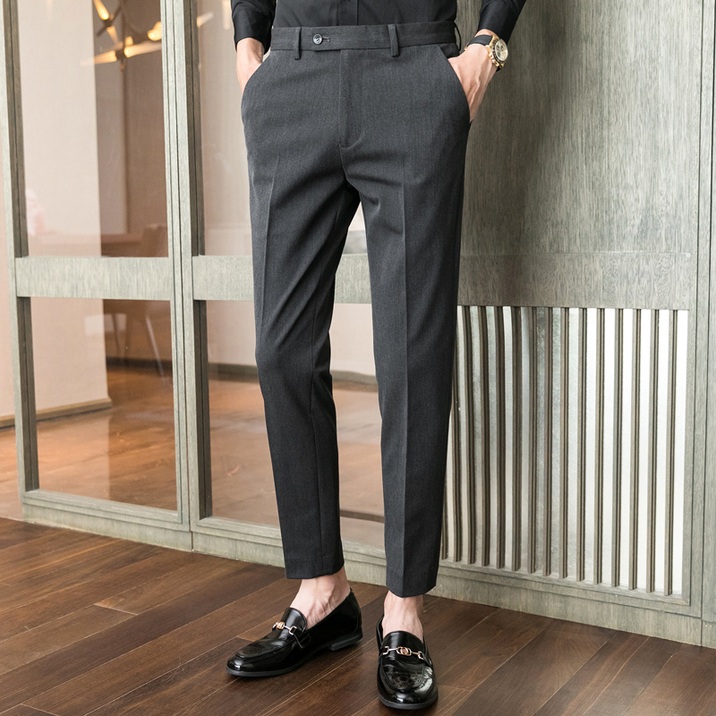 Summer Non-Iron Men's Formal Business Slim-Fit Cropped Trousers High-End Drape Gray Suit Pants