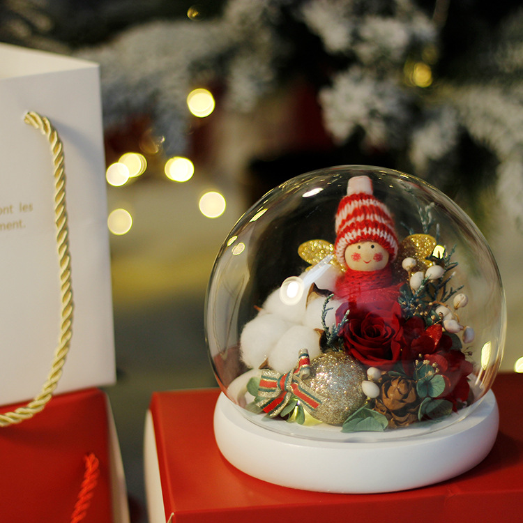 Rosa eterna Navidad chica regalo de cumpleaños para La novia con base de luz cubierta de cristal redonda muñeca flor eterna