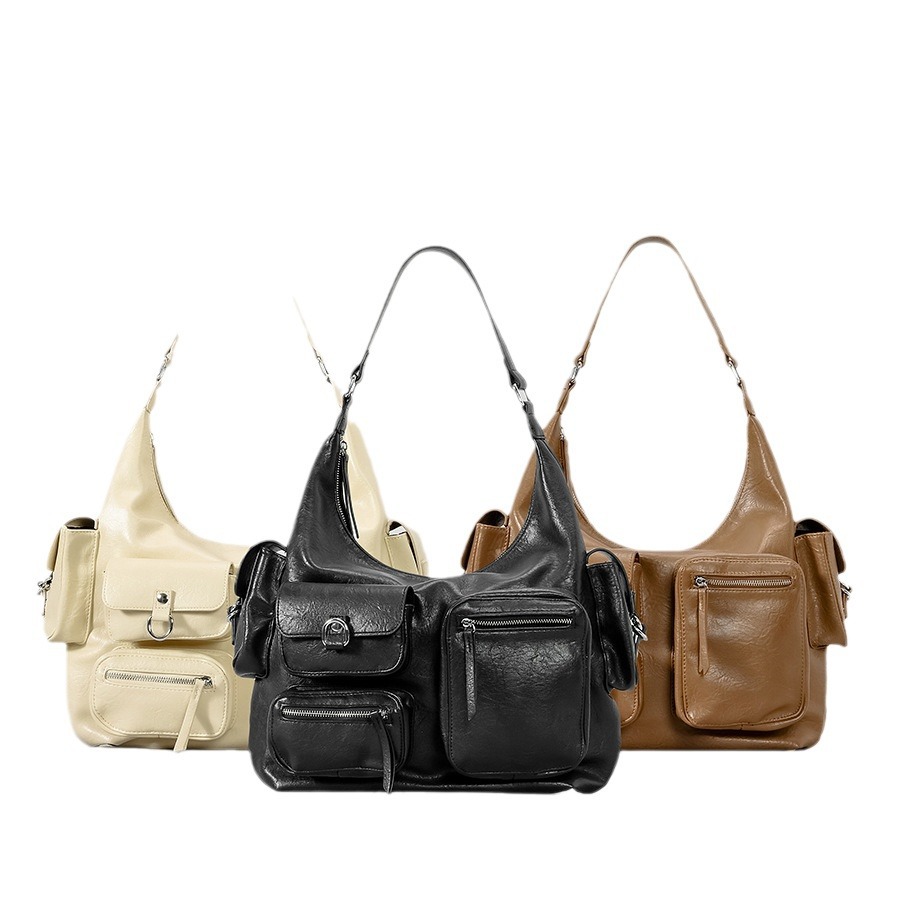 Women's Bags new retro multi pocket motorcycle bag large capacity pu shoulder underarm bag niche punk style handbag for women_voghion.com