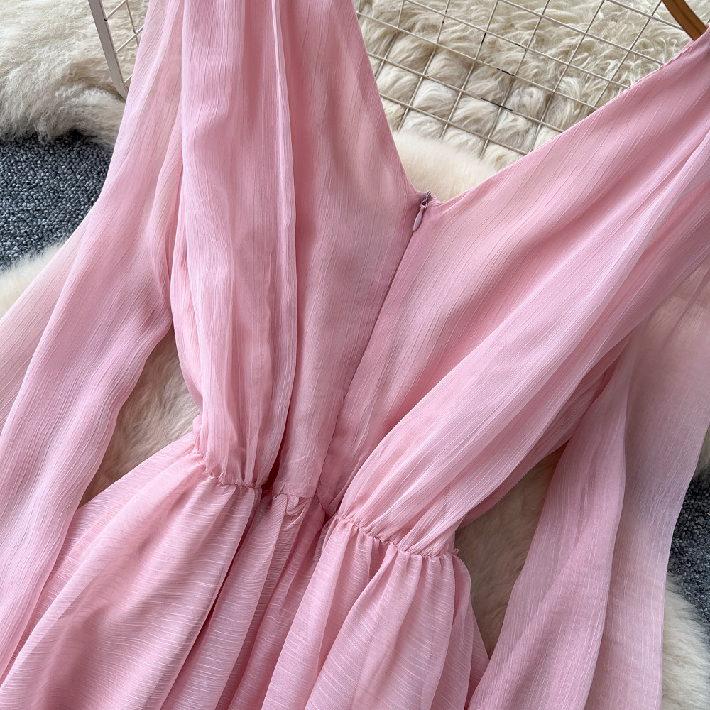 Elegant V Neck Dress Korean Style Rhinestone Embellished Waist Cinching Slimming Sophisticated Long Dress Lantern Sleeve_ecoleips.com
