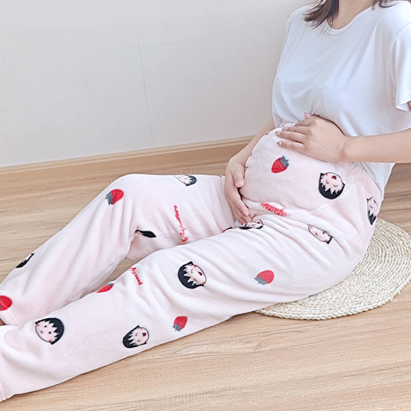 임산부 잠옷 가을 겨울 두꺼운 산호 양털 여성용 바지 플란넬 대형 사이즈 배 지지 조절 가능 산후 홈 바지