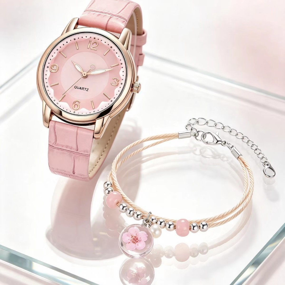 Cross-border two-tone dial women's watch and bracelet set, creative quartz watch with bamboo-pattern strap, high-end gift