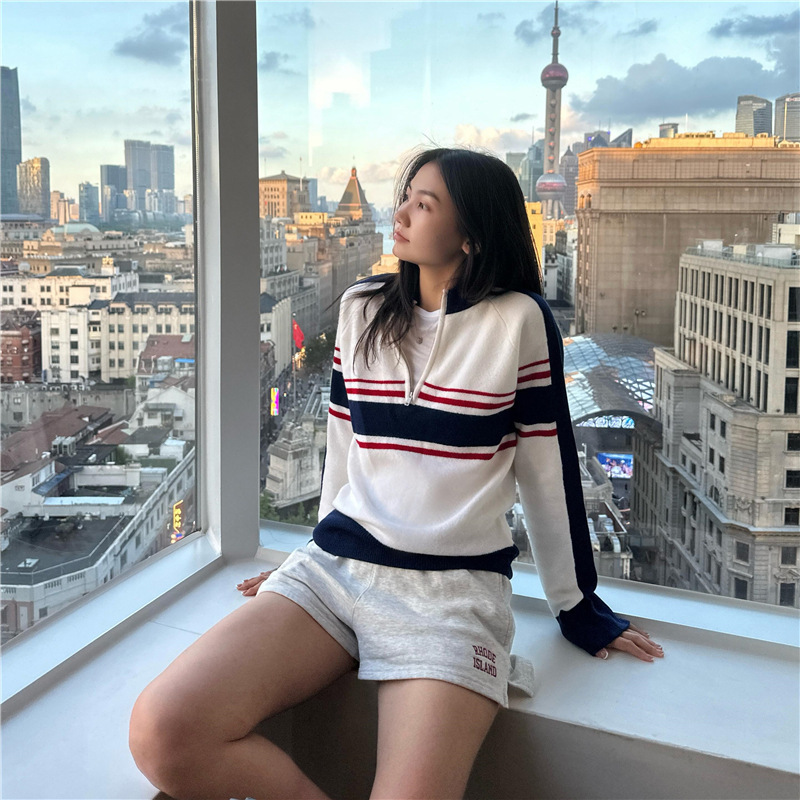 美式复古撞色条纹半拉链针织衫女2025秋季新款半开领毛衣长袖上衣|undefined