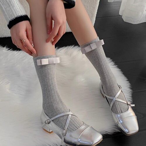 Stacked sock calf cotton wide strip one-piece bow summer versatile girl ballet miumiu style knee-high socks short socks