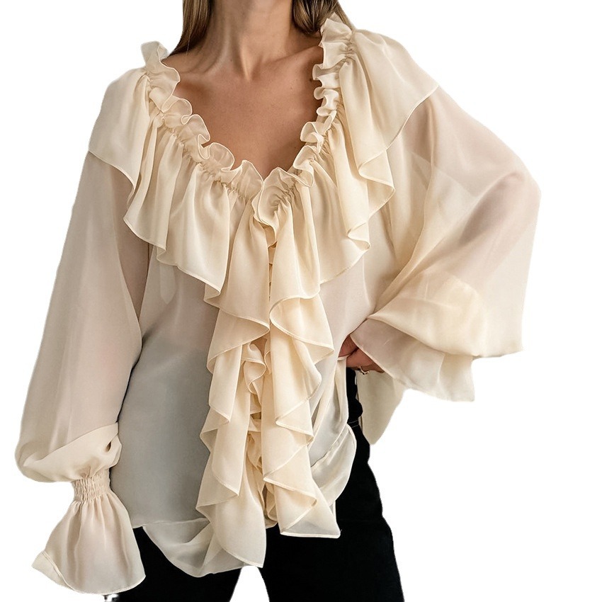 Women's Clothing 2024 Spring Design Sense Ruffled White Chiffon Shirt Women's Loose Temperament Flying Sleeve V neck Pullover Top_voghion.com