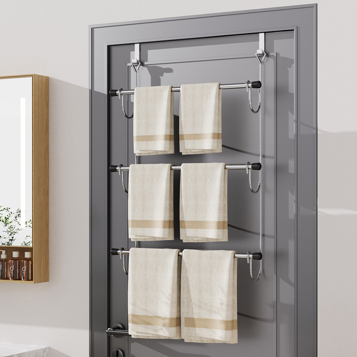 Galvanoplastia transfronteriza de tres capas puerta trasera gancho puerta de baño tipo espalda percha de toallas de baño sin marcas perforación percha de toallas
