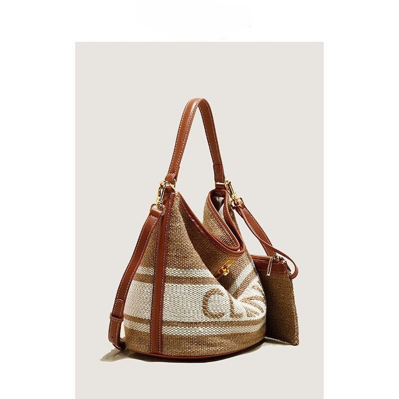 2025 New Retro Style Handbag Wool Woven Arc De Triomphe Bucket Bag Genuine Leather Underarm Bag Shoulder Messenger Bag