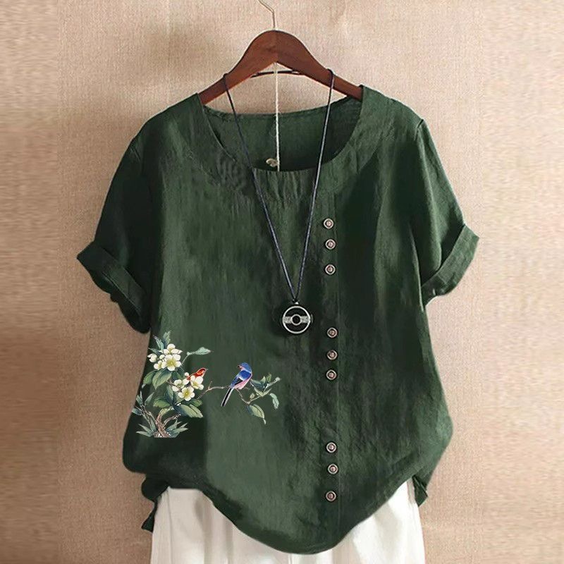 綿麻半袖Tシャツ夏ゆったり大きいサイズ婦人服レトロスタイルプリントボタンシャツシャツトップTシャツ|undefined
