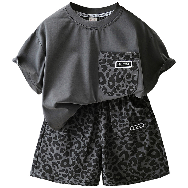 7294 Traje de verano para niños 2025 nueva ropa de moda occidental para niños verano manga corta estampado de leopardo traje de dos piezas verano