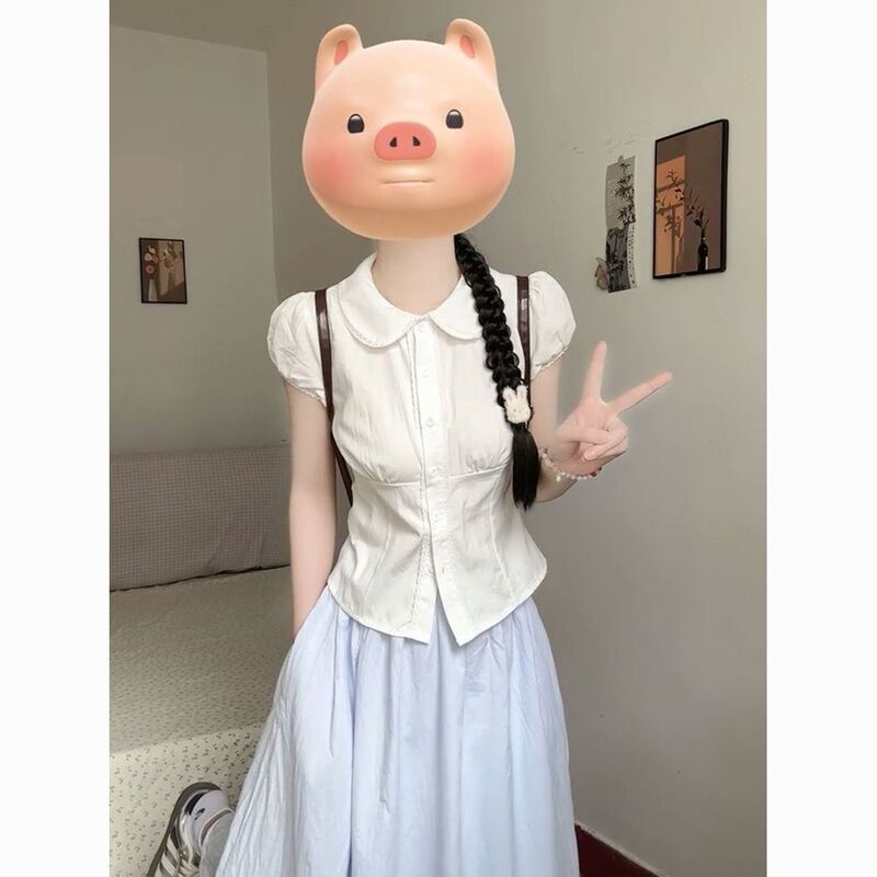 Sweet College-Style White Lace Doll Shirt, New Summer Design, Short-Sleeved Shirt, Short Waist-Cinching Top