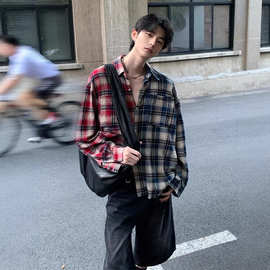 蓝红色格子衬衫男款春秋季潮牌美式复古格纹衬衣拼接撞色上衣外套