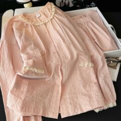 春秋パジャマ女性2025新型長袖純綿ゆるいレース甘い韓国版家庭服セット