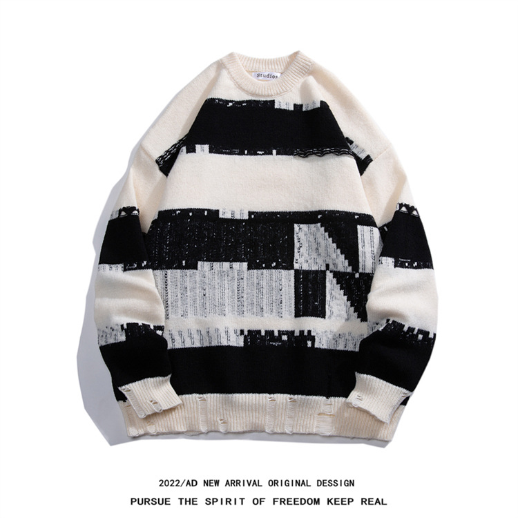Men's Clothing Men's Oversized Knit Sweater - Trendy Unisex Casual Pullover With Stylish Jacquard Design, Comfortable Loose Fit For Autumn & Winter​_viptrois.com
